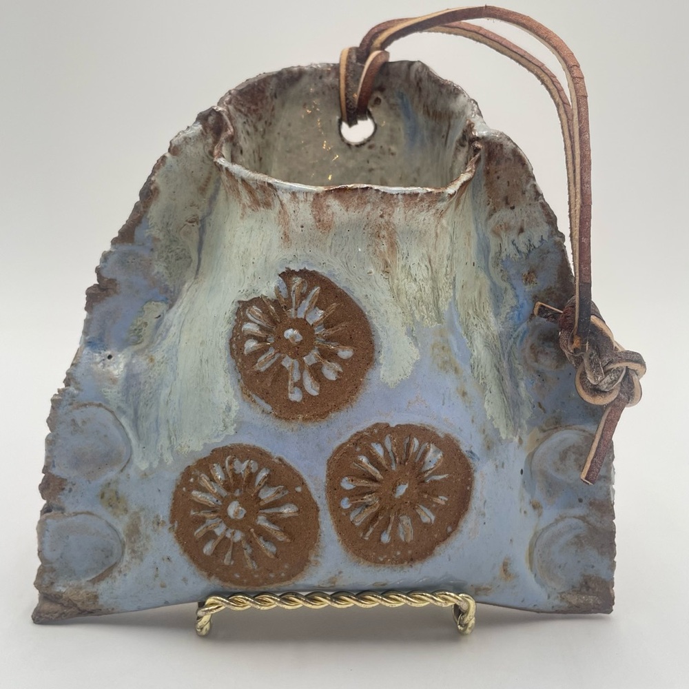 Vintage Studio Art Pottery Wall Pocket Blue Floral Heithoff 1976